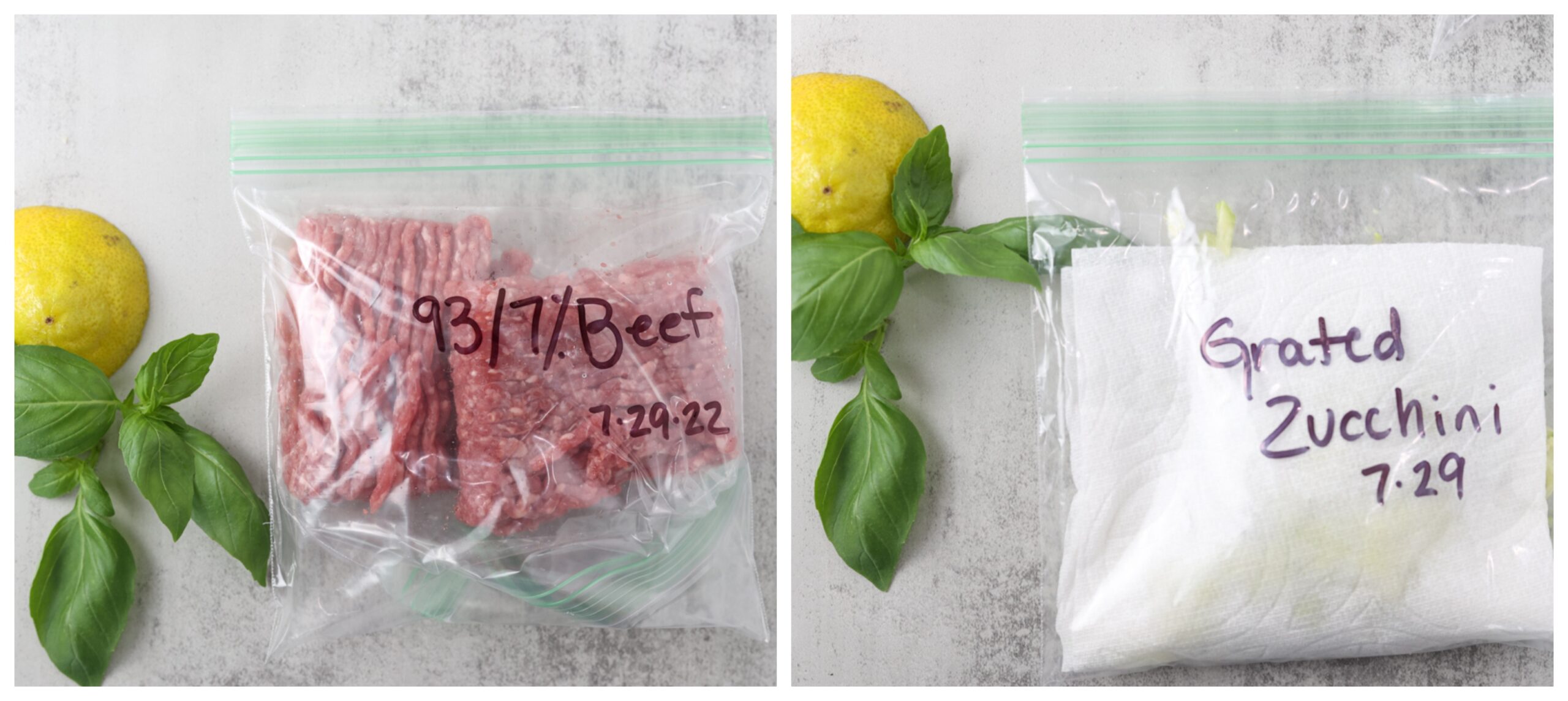 Side by side image of ground beef labeled in bag and zucchini labeled in bag for food storage.